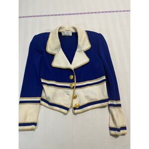 St John Collection by Marie Gray Blue Knit Blazer Gold Trim Nautical Jacket